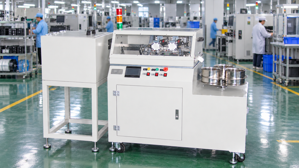 Automatic transistor lead forming machine in an electronics manufacturing factory
