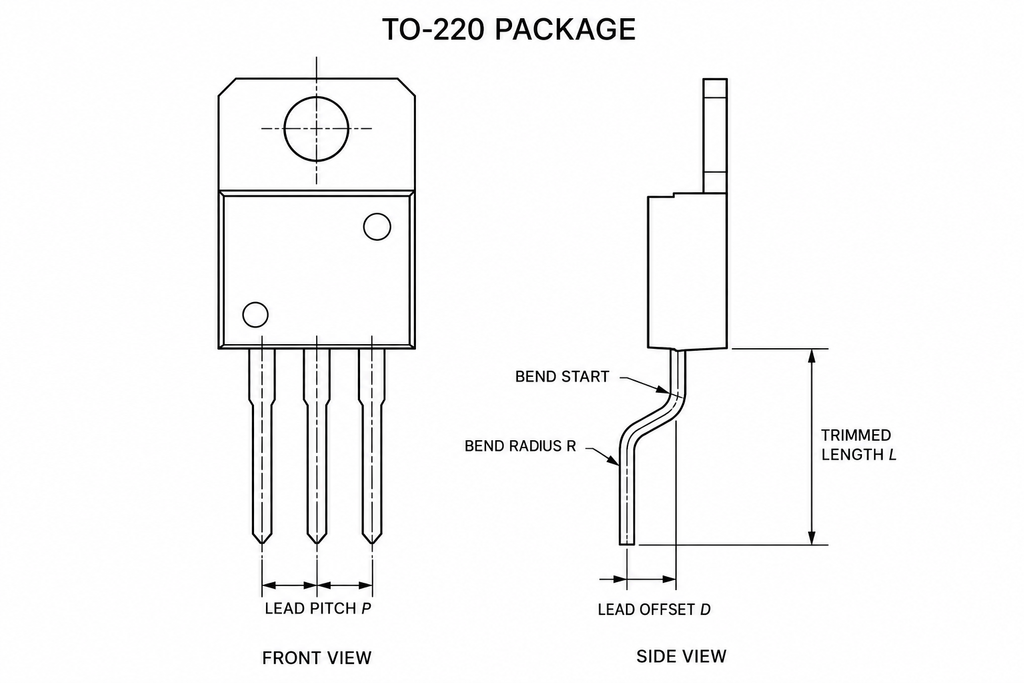 Technical drawing of a TO-220 transistor showing three-lead front view, formed lead side view, lead pitch, bend radius, offset and trimmed length.