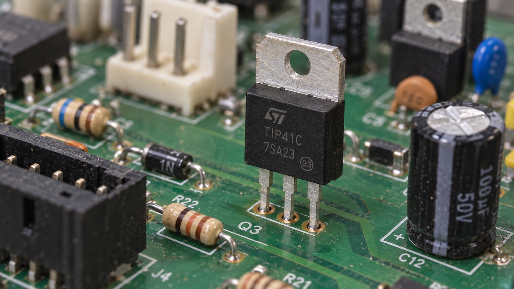 TO-220 transistor mounted on a green PCB with three leads soldered to through-hole pads.